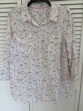 Croft & Barrow XL Women's White Pink Flamingo Palm Tree Embroidered Botton Down